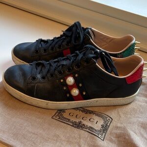 Gucci Black Leather Sneakers with Red and Green Accents